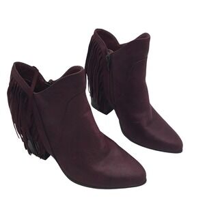 Sassy Burgundy Fringe Faux Suede Pointed Toe Ankle Boots Block Heel Size 7‎